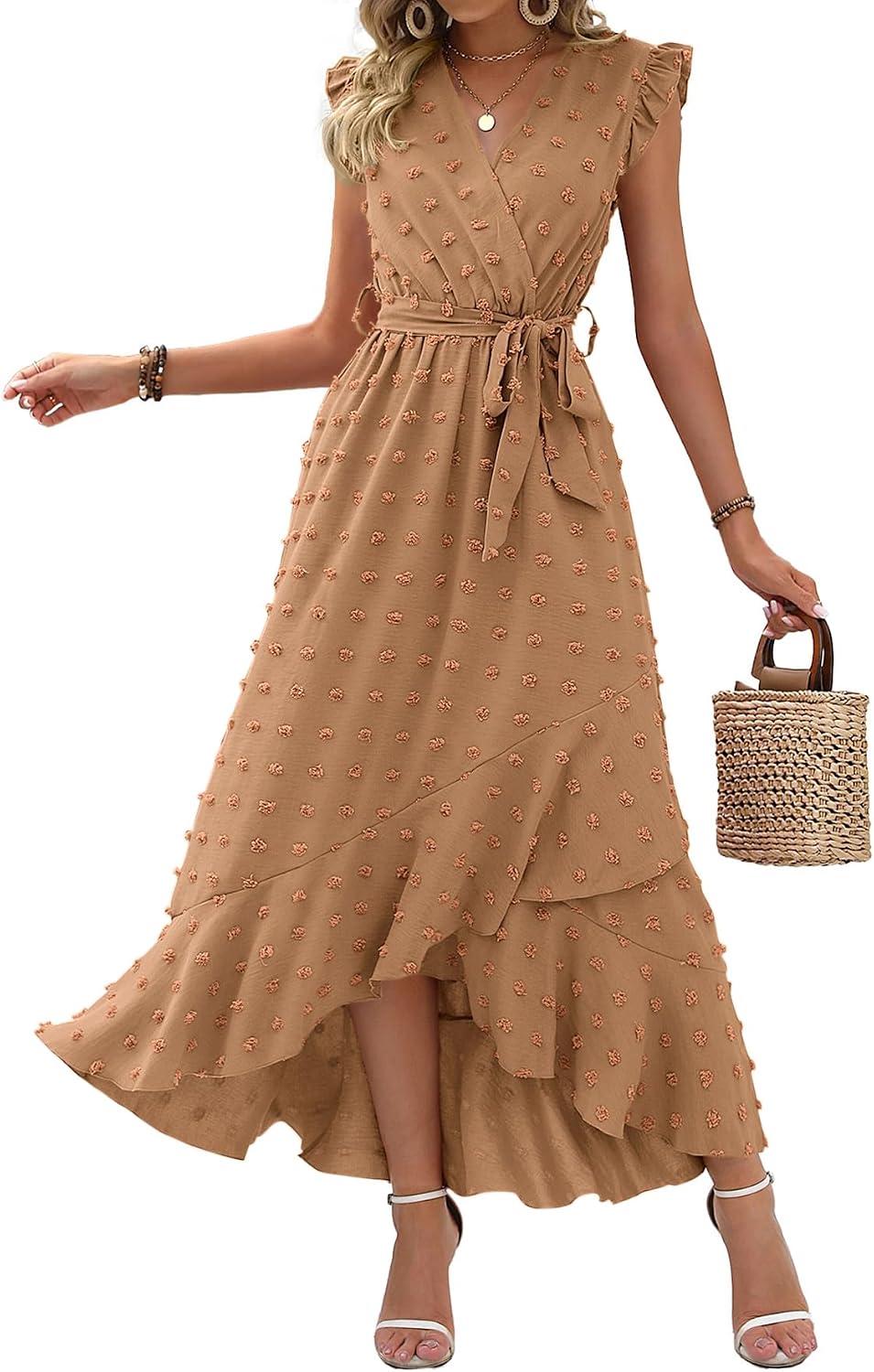 Swiss dot boho maxi dress with cap sleeves and tie waist