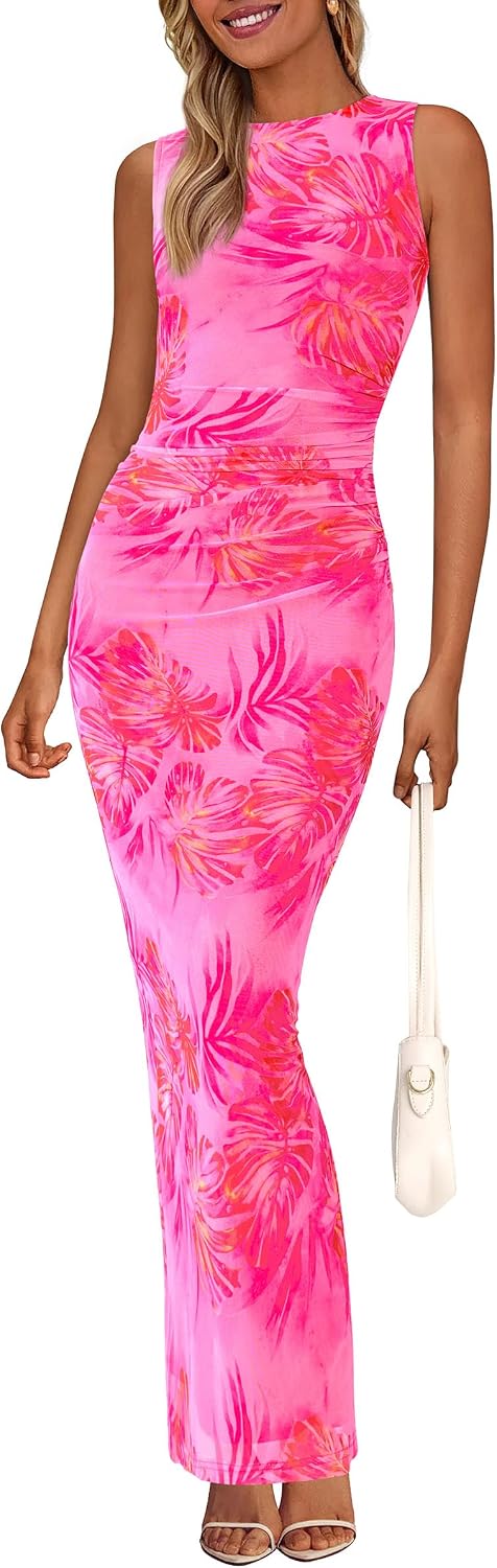 Floral mesh maxi dress with sleeveless design and ruched bodycon detailing