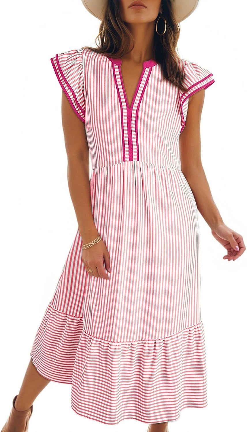 Cap sleeve empire waist dress with v-neck and side pockets