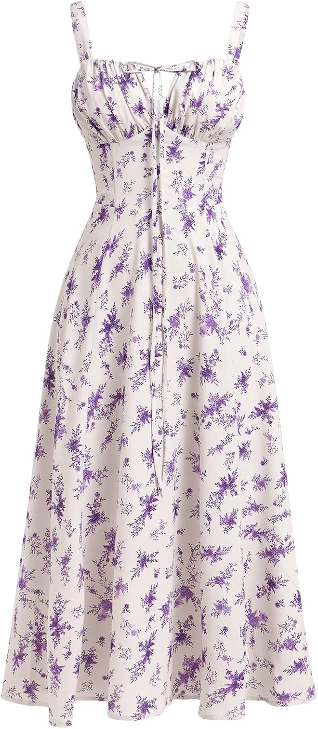 ABEHIK Women Floral Corset Dress Summer Dress 2026 Boho Flowy Slit Lace Up Midi Dresses Going Out A Line Casual Sundress