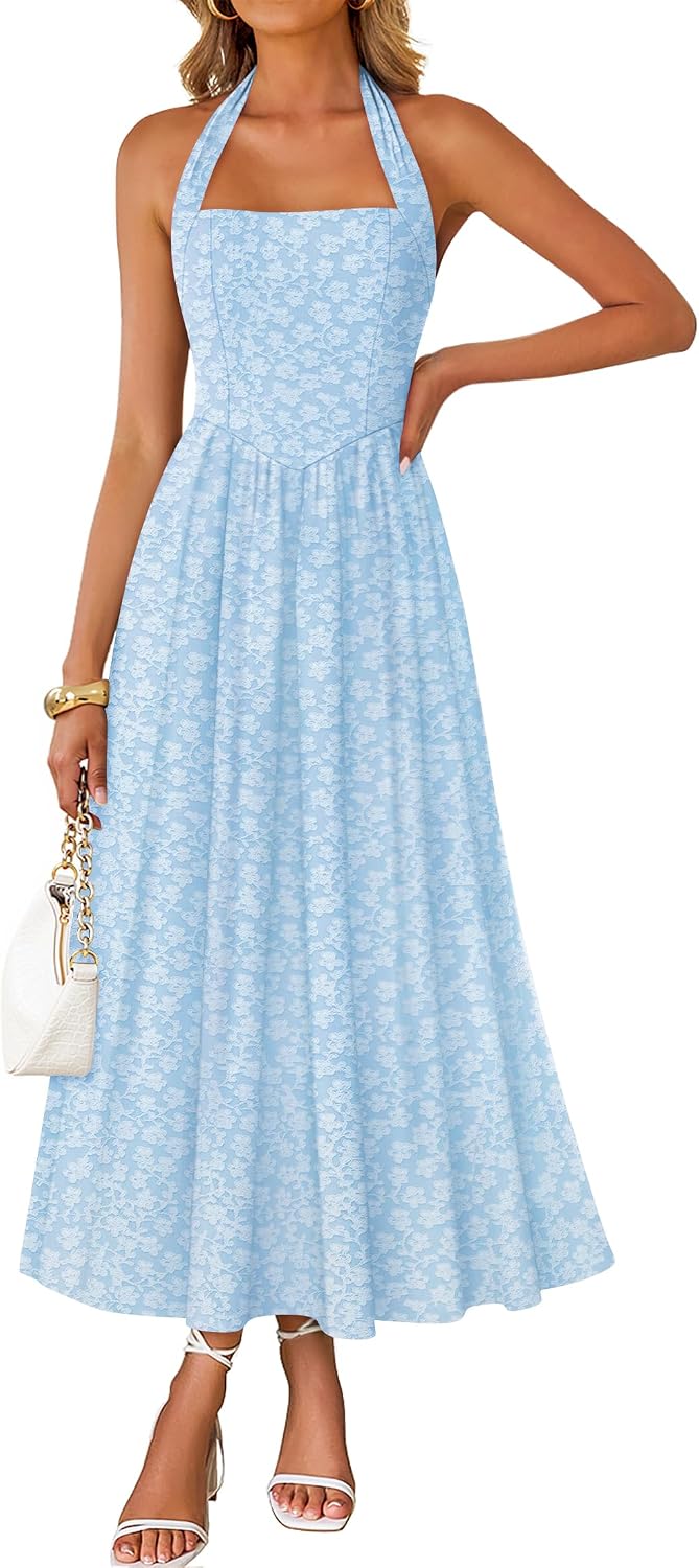 Floral halter maxi dress with flowy A-line skirt
