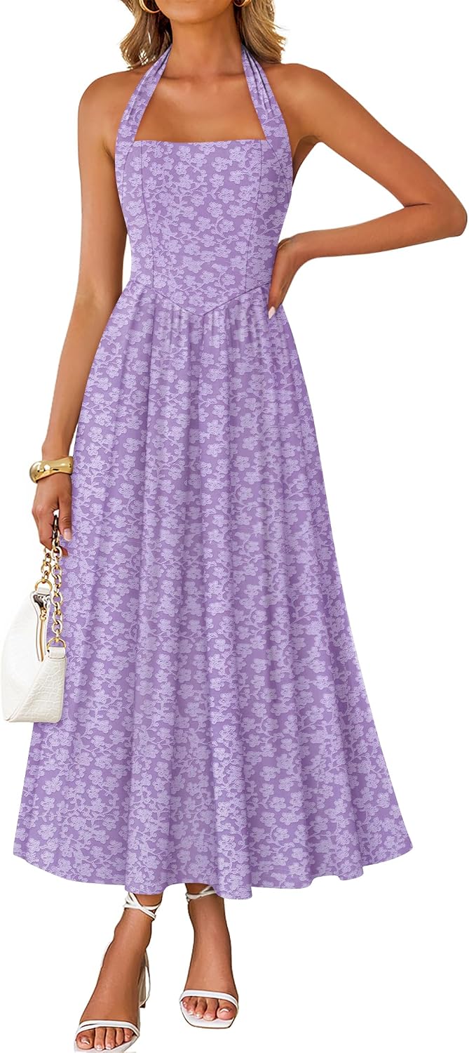 Floral halter maxi dress with flowy A-line skirt