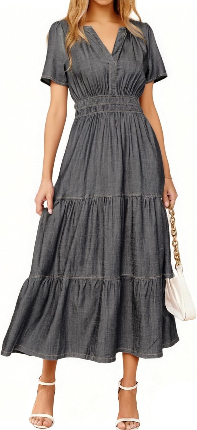 Casual denim maxi dress with V-neck, short sleeves, and side pockets