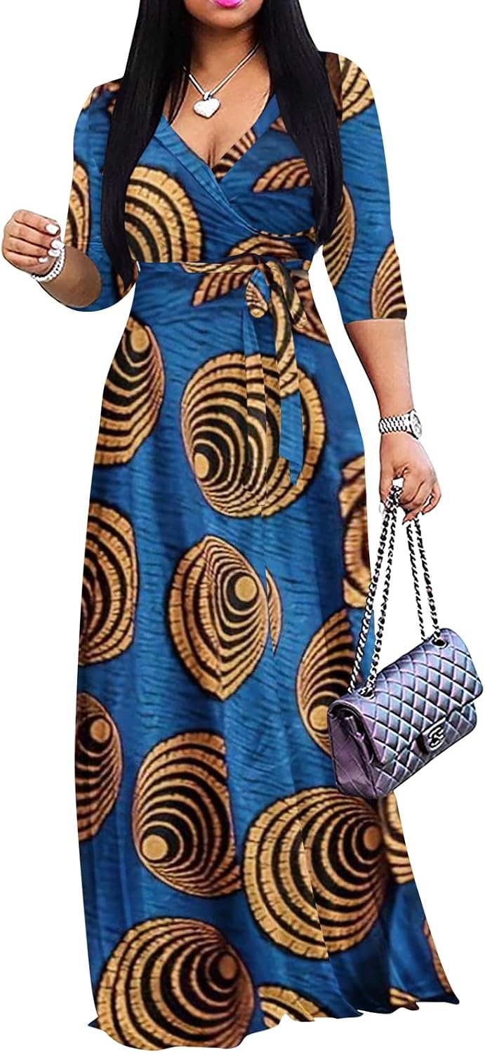 Wrap-style maxi dress with V-neck, 3/4 sleeves, and side pockets