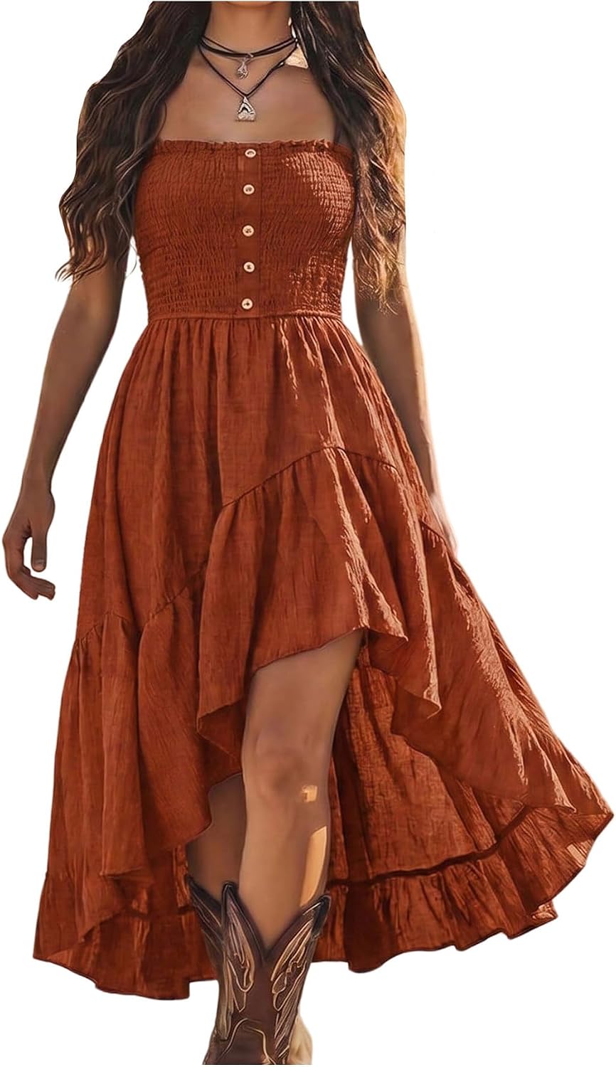BEAUDRM Women's Western Long Dress Flowy Ruffle Boho Cowgirl Cami Dresses | Country Concert Outfit, Vacation Cowgirl Dress, High Low Hem, Vintage, Flowy, Sleeveless