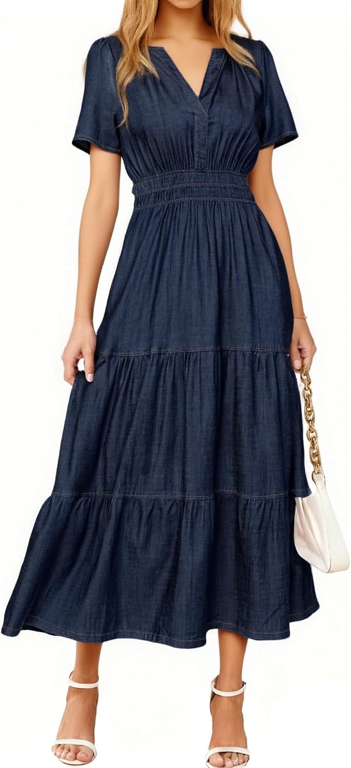 Casual denim maxi dress with V-neck, short sleeves, and side pockets