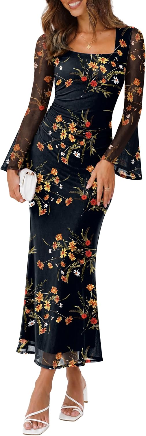 Square neck bodycon maxi dress with long mesh sleeves