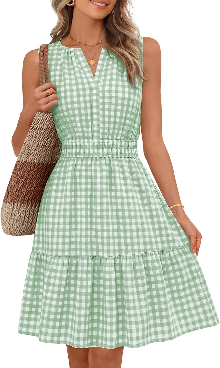Sleeveless V-neck mini sundress with ruffle hem and elastic waist