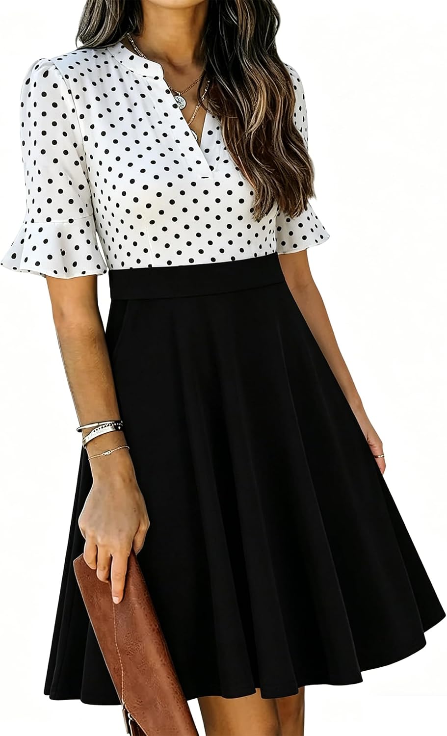 Ruffle sleeve fit-and-flare dress with V-neck and knee-length hem