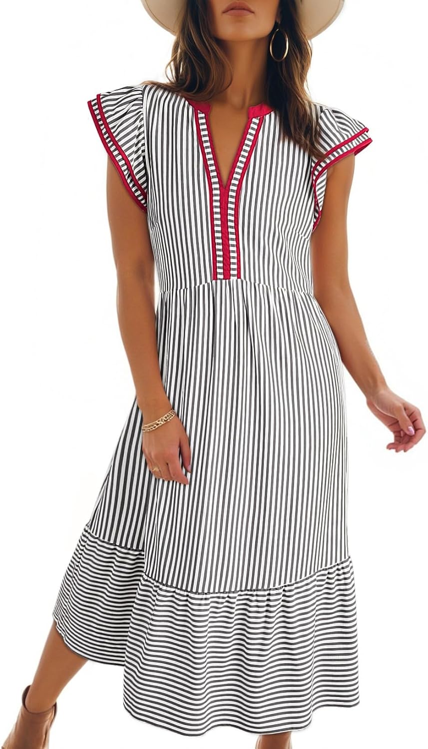 Cap sleeve empire waist dress with v-neck and side pockets