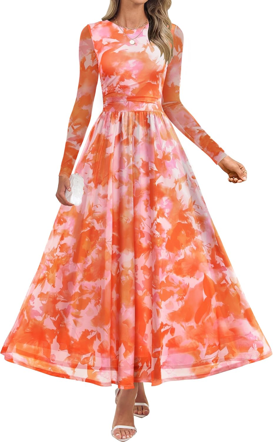 Floral print maxi dress with sheer mesh long sleeves and ruched detailing