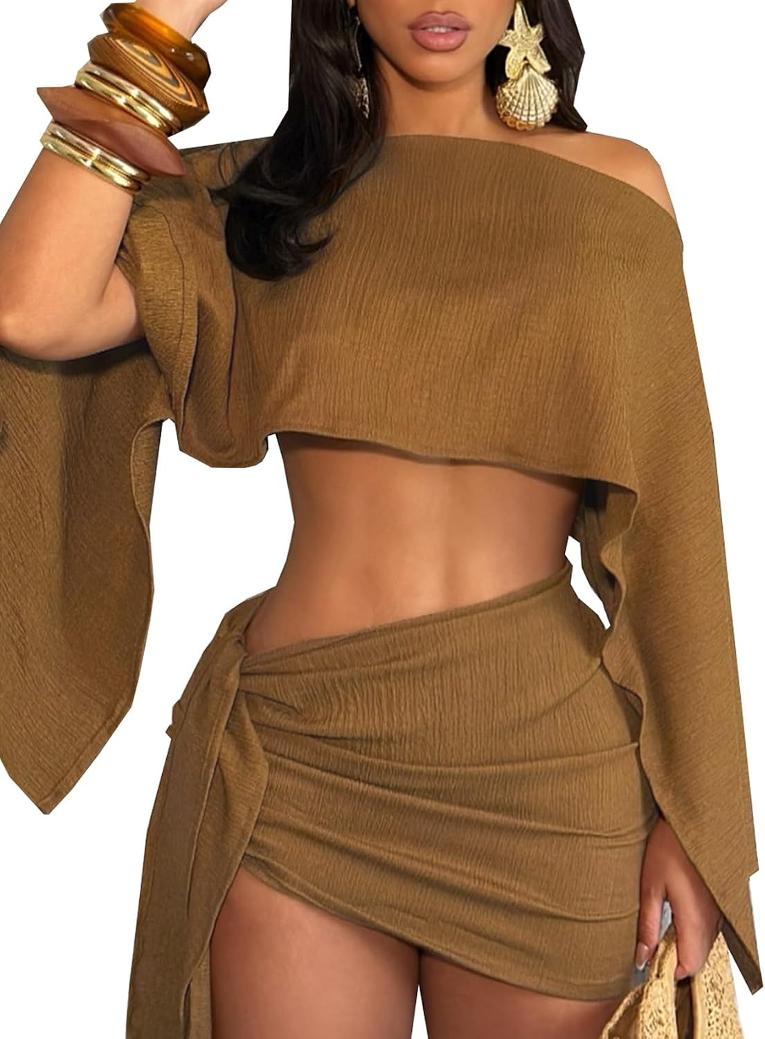 Off-shoulder crop top and mini skirt matching set