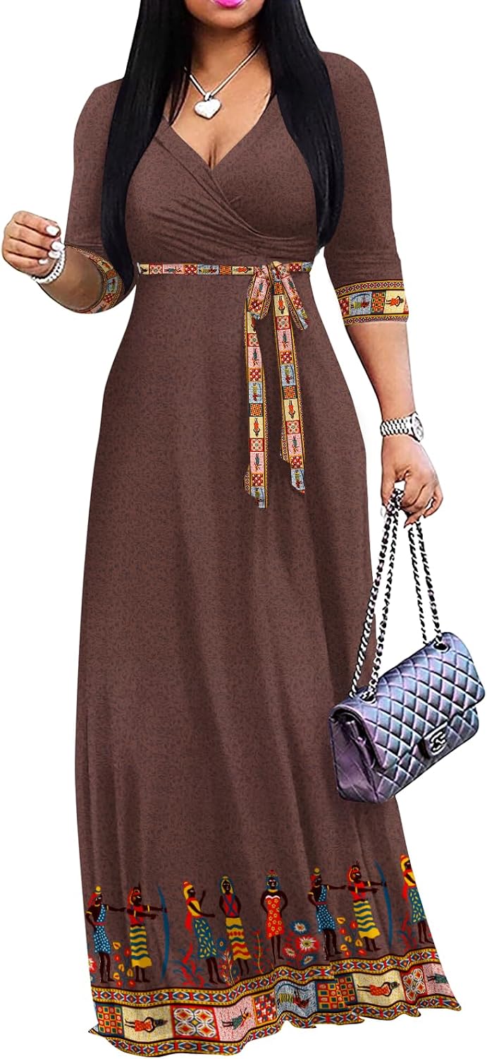 Wrap-style maxi dress with V-neck, 3/4 sleeves, and side pockets
