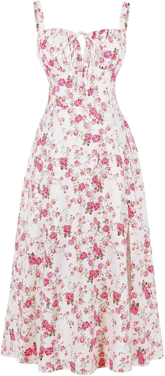 ABEHIK Women Floral Corset Dress Summer Dress 2026 Boho Flowy Slit Lace Up Midi Dresses Going Out A Line Casual Sundress