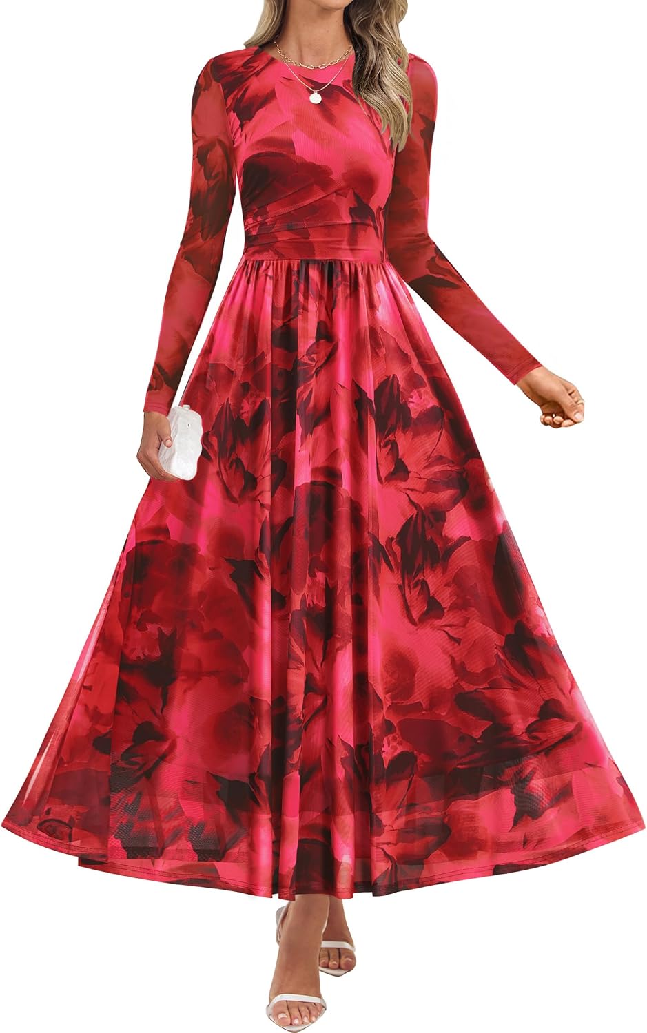 Floral print maxi dress with sheer mesh long sleeves and ruched detailing