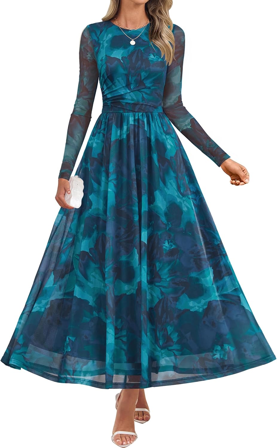 Floral print maxi dress with sheer mesh long sleeves and ruched detailing