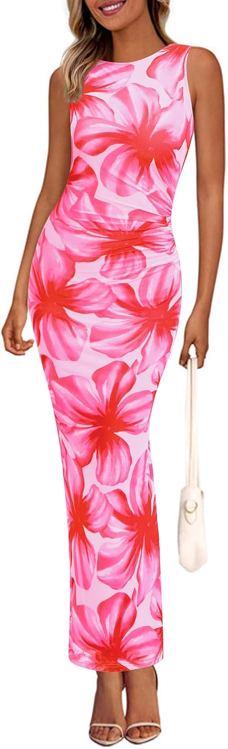 Floral mesh maxi dress with sleeveless design and ruched bodycon detailing