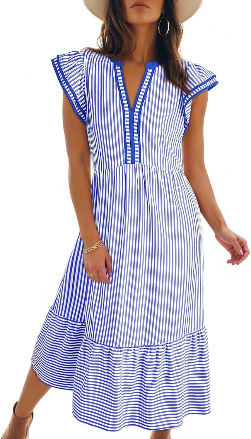 Cap sleeve empire waist dress with v-neck and side pockets