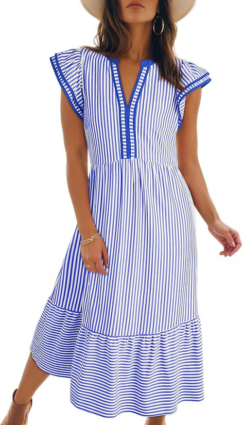 Cap sleeve empire waist dress with v-neck and side pockets
