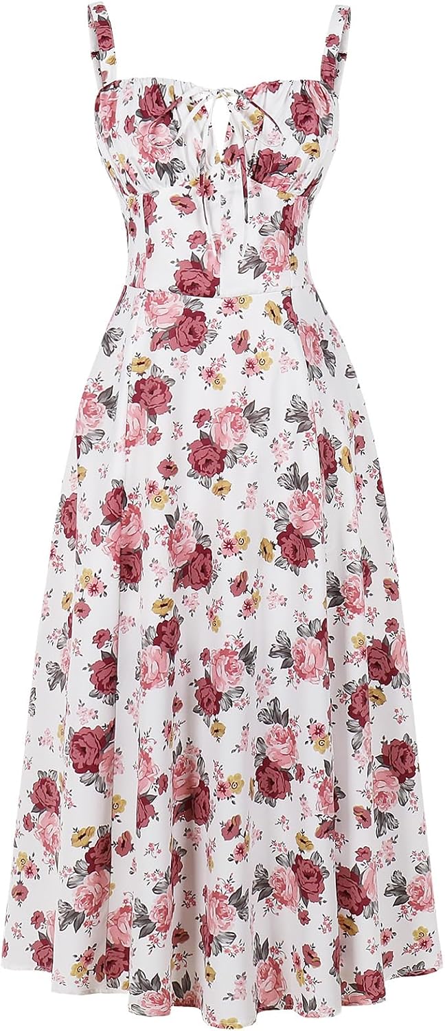 ABEHIK Women Floral Corset Dress Summer Dress 2026 Boho Flowy Slit Lace Up Midi Dresses Going Out A Line Casual Sundress