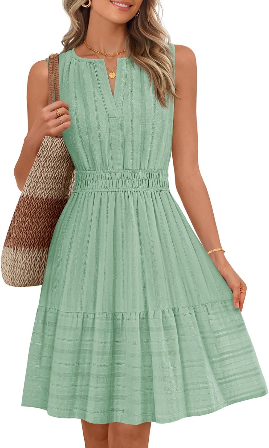 Sleeveless V-neck mini sundress with ruffle hem and elastic waist