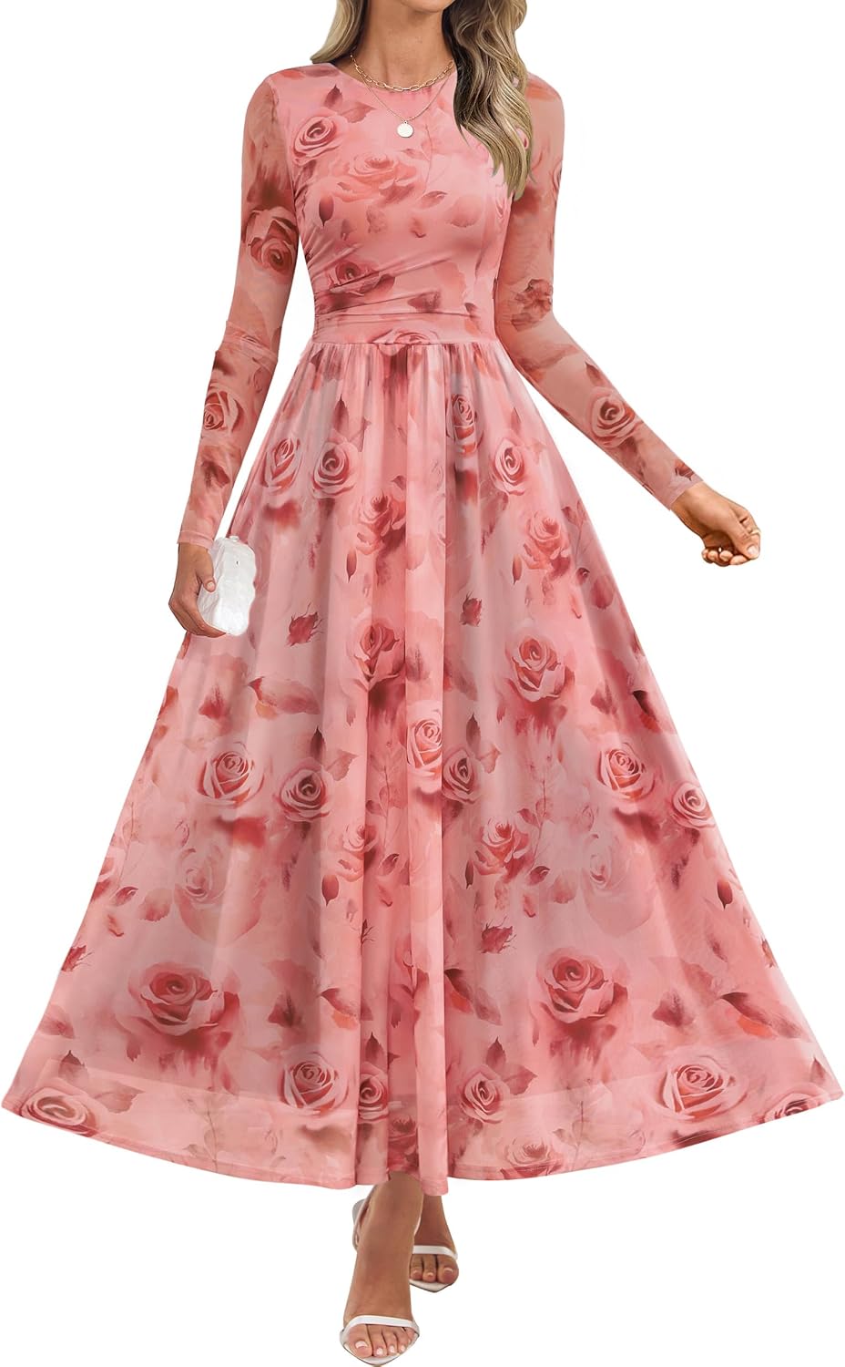 Floral print maxi dress with sheer mesh long sleeves and ruched detailing
