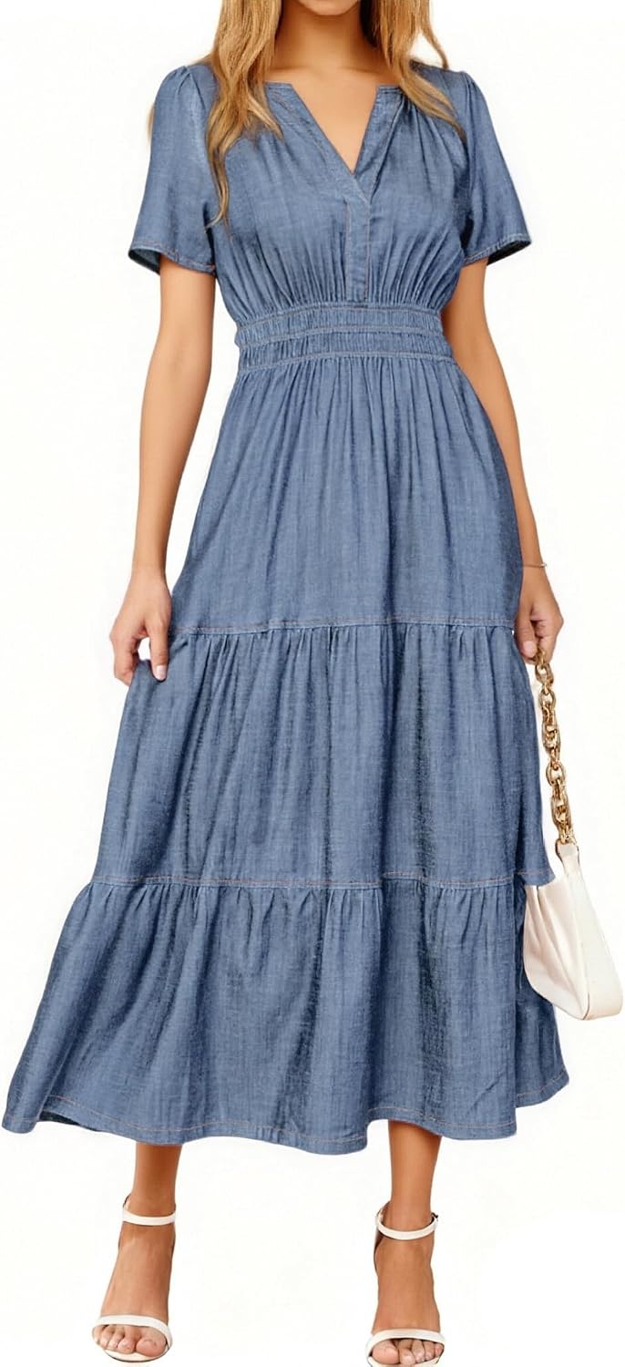 Casual denim maxi dress with V-neck, short sleeves, and side pockets