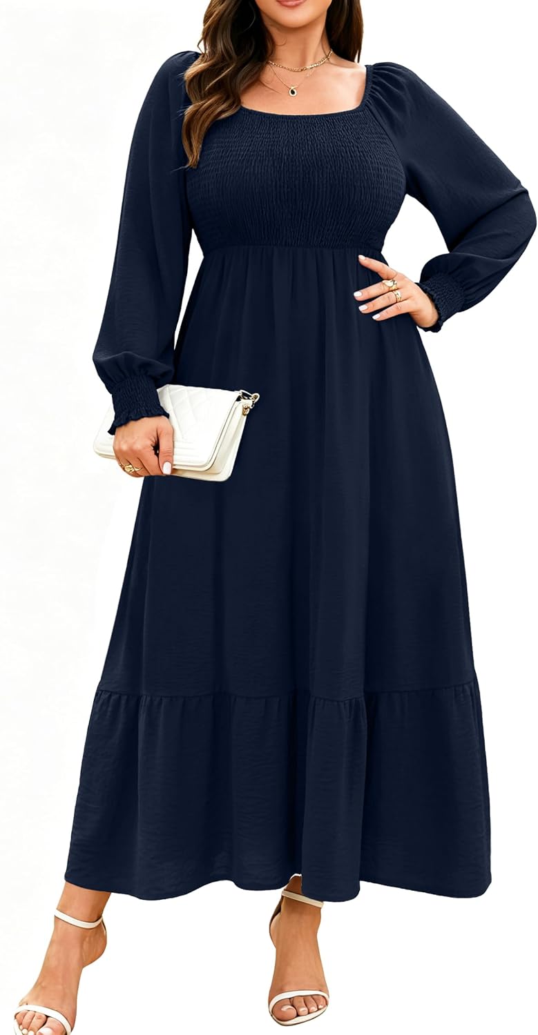 Plus size floral maxi dress with long sleeves and empire waist