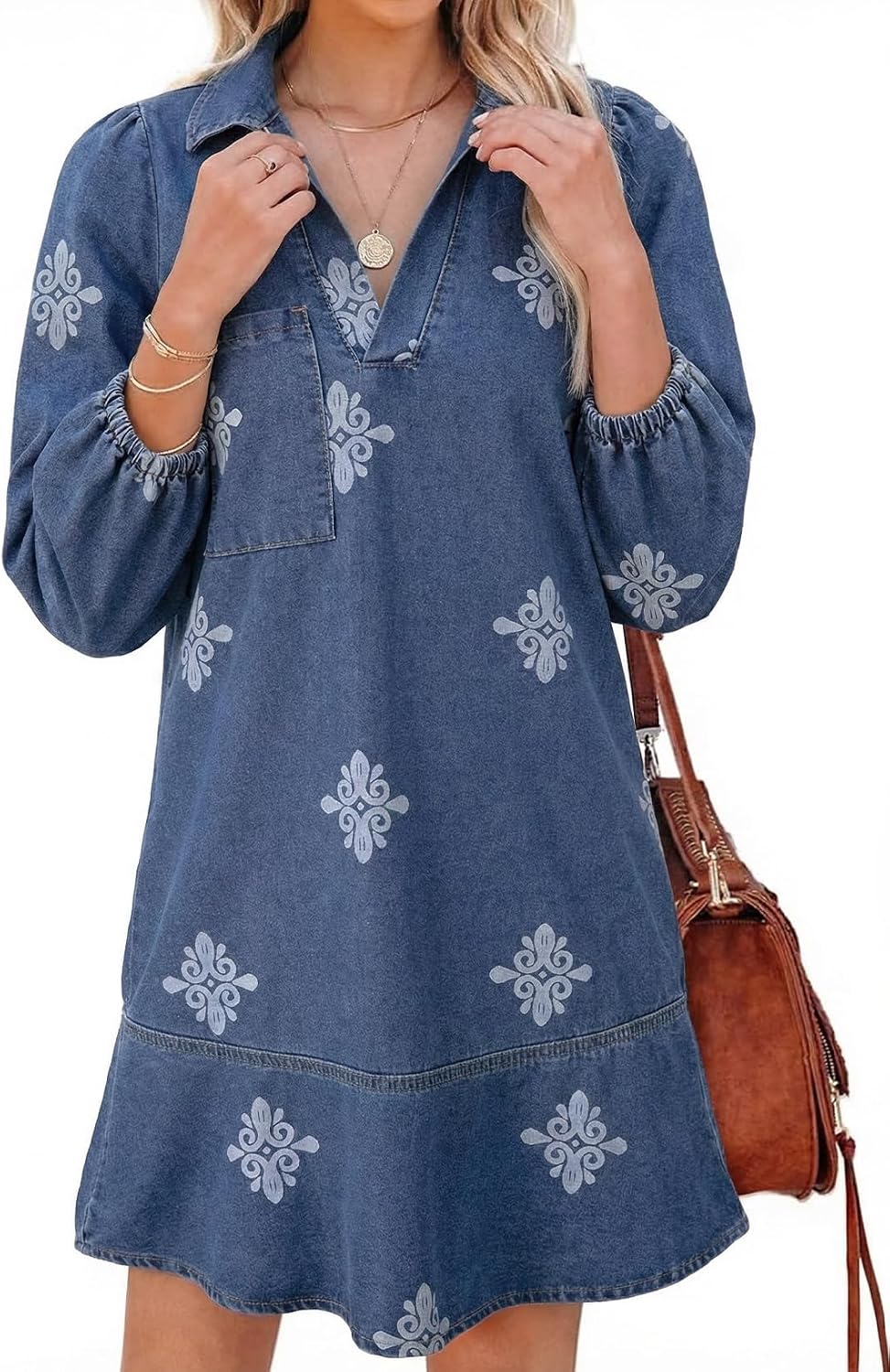 Denim babydoll dress with puff sleeves, V-neck, and mini length