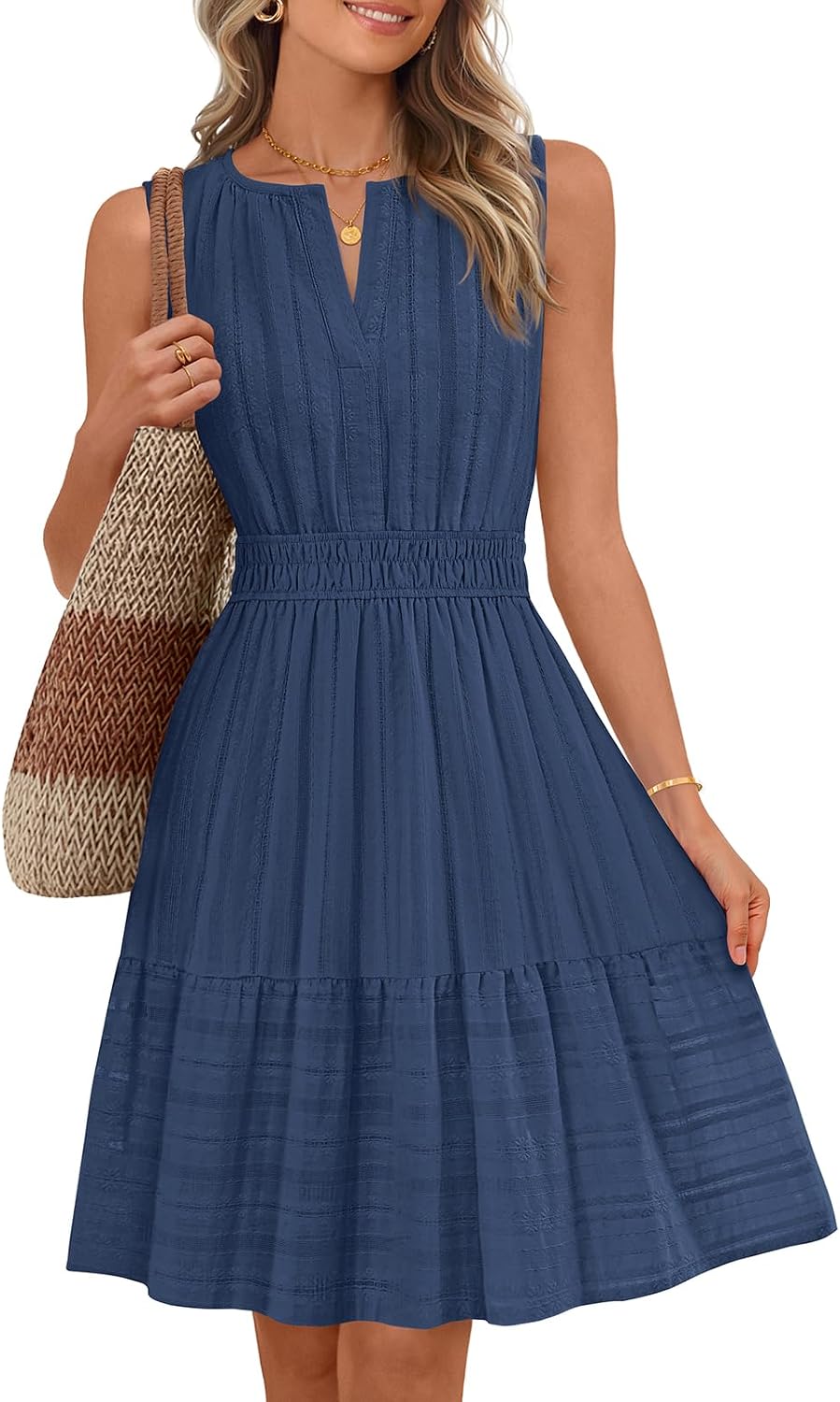 Sleeveless V-neck mini sundress with ruffle hem and elastic waist