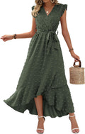 Swiss dot boho maxi dress with cap sleeves and tie waist