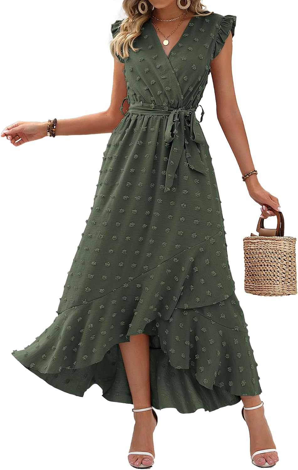 Swiss dot boho maxi dress with cap sleeves and tie waist