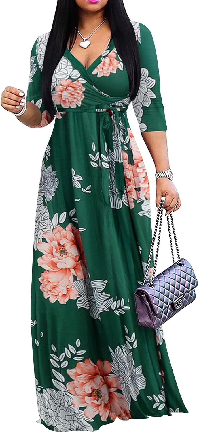 Wrap-style maxi dress with V-neck, 3/4 sleeves, and side pockets