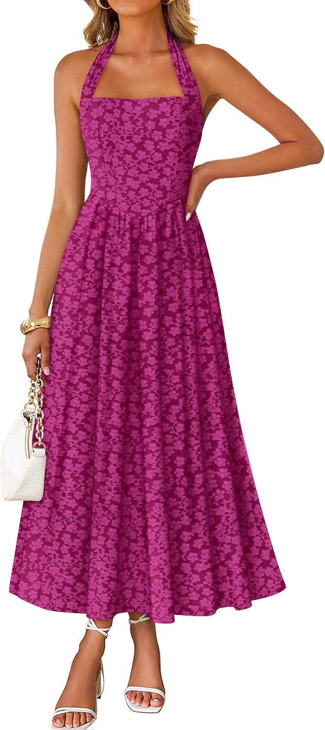 Floral halter maxi dress with flowy A-line skirt