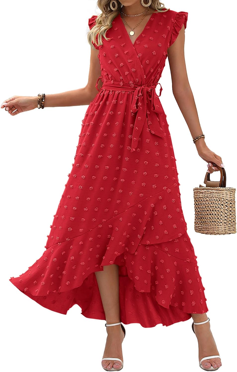 Swiss dot boho maxi dress with cap sleeves and tie waist