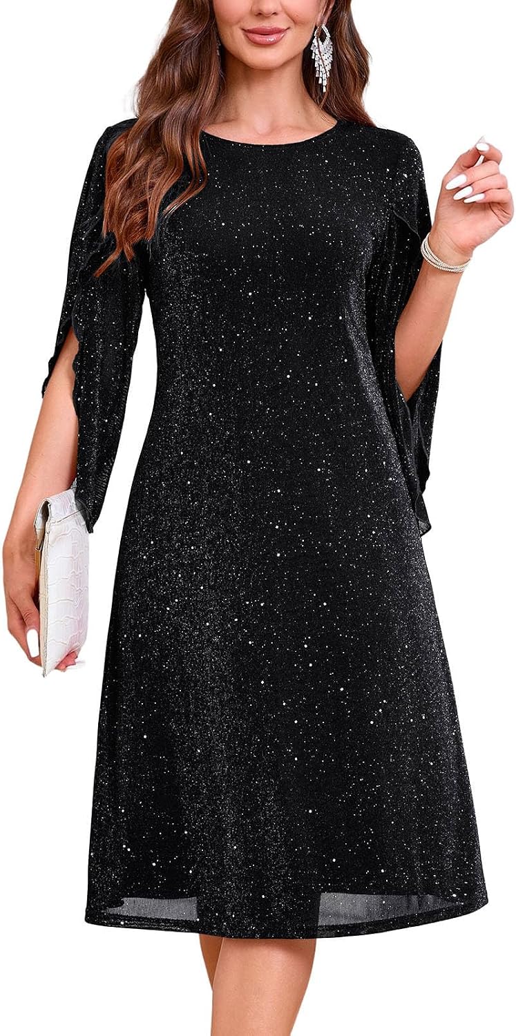Chiffon midi dress with flutter sleeves and crew neckline