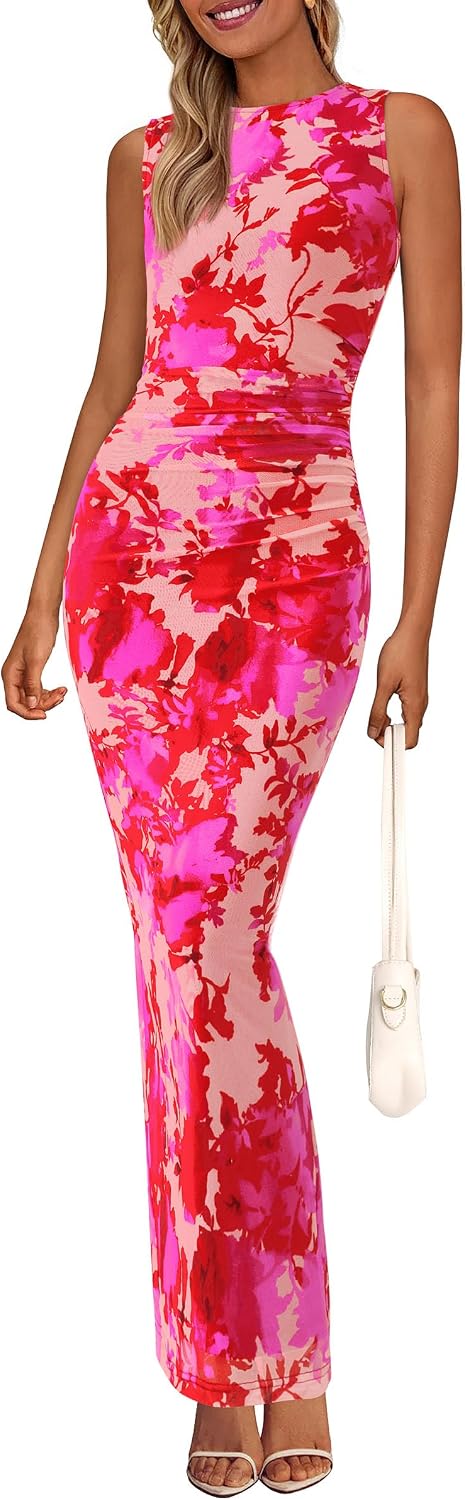 Floral mesh maxi dress with sleeveless design and ruched bodycon detailing
