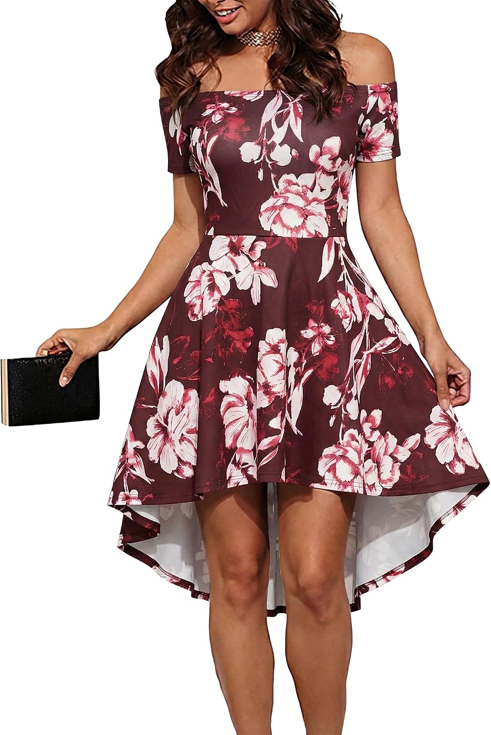 Off-the-shoulder skater dress with short sleeves and high-low hem