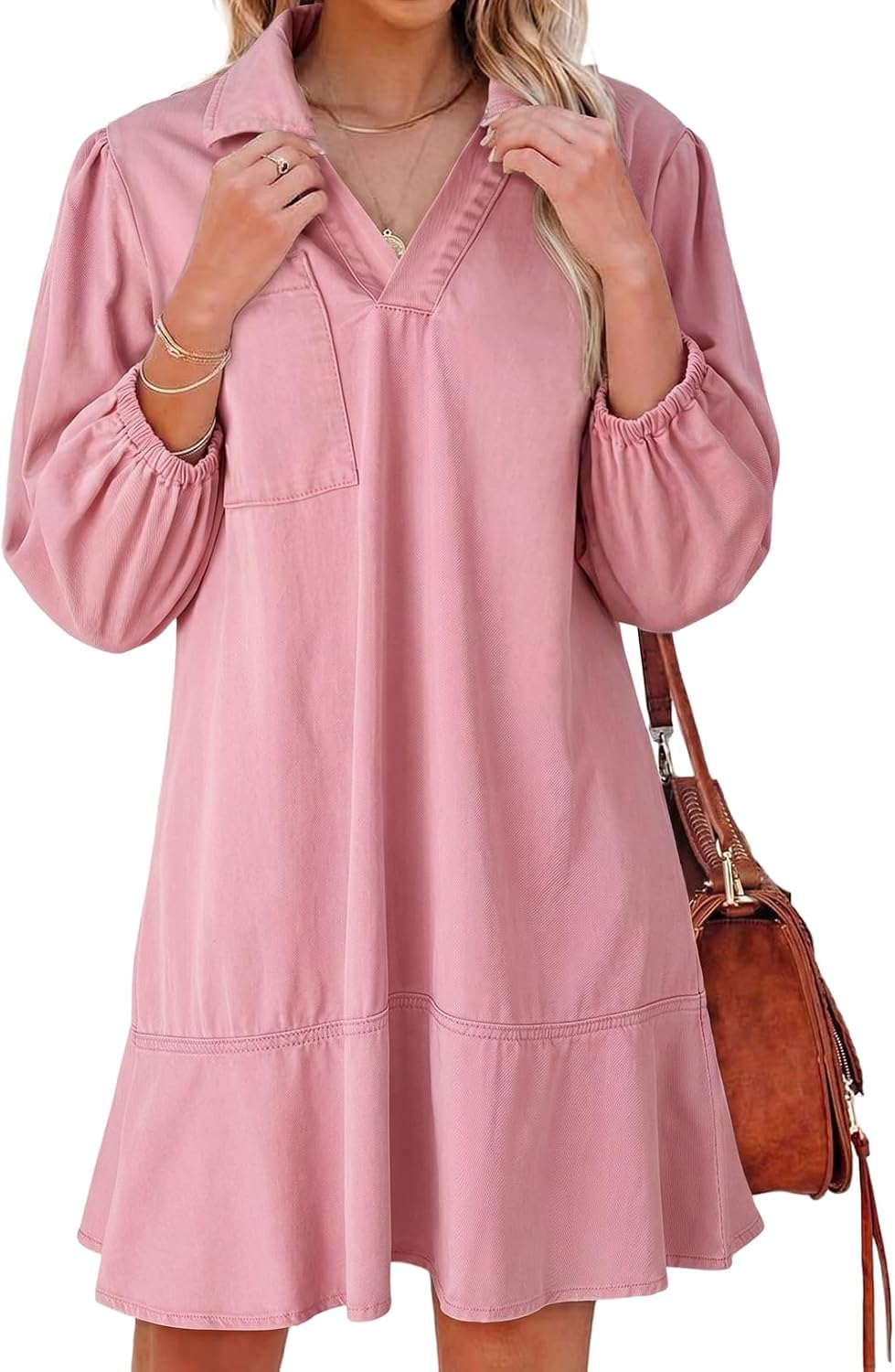 Denim babydoll dress with puff sleeves, V-neck, and mini length