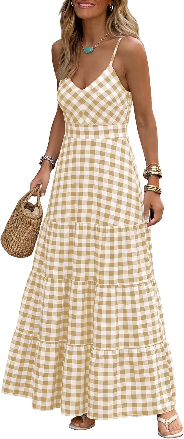 Gingham plaid maxi dress with spaghetti straps and a smocked back