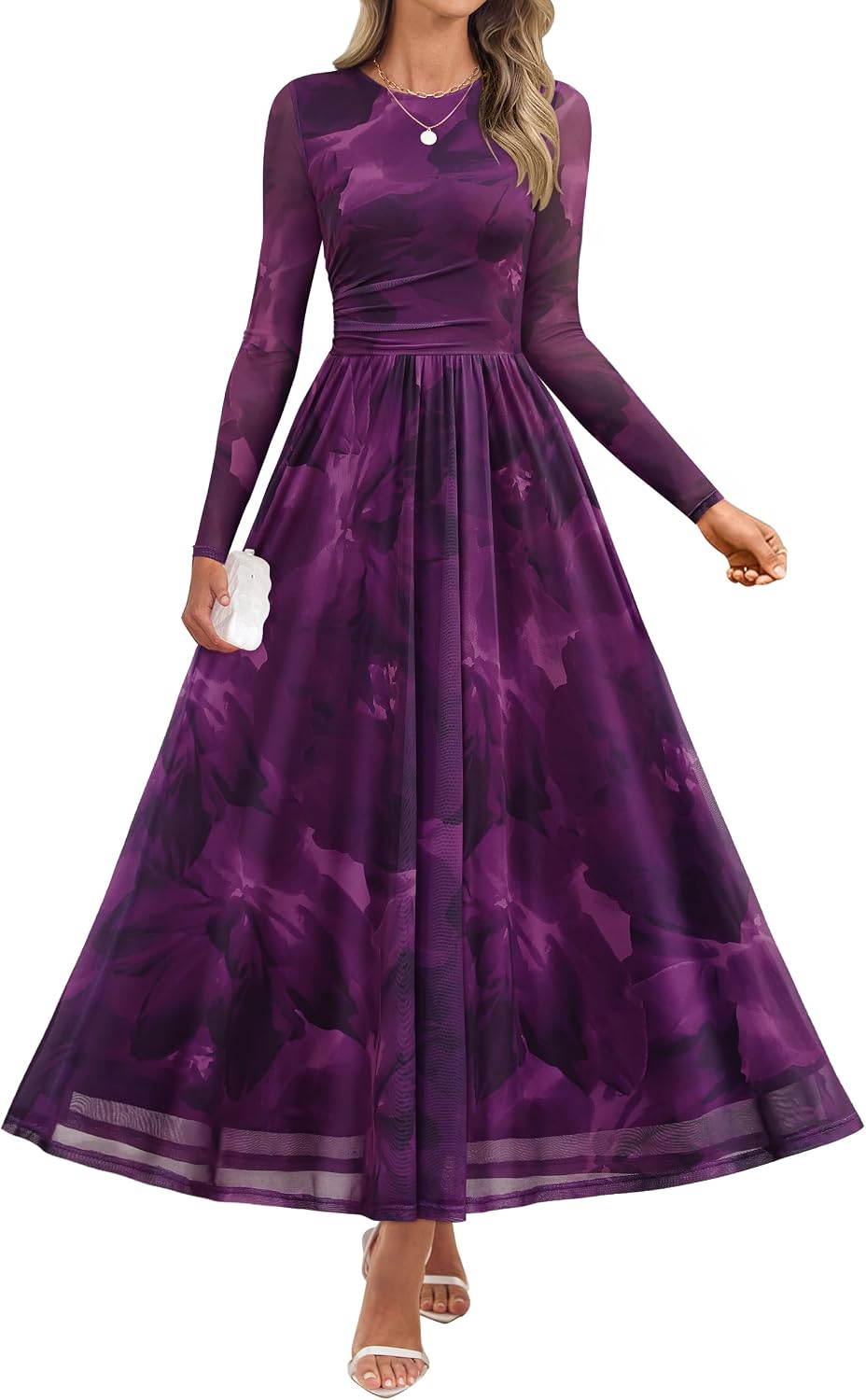 Floral print maxi dress with sheer mesh long sleeves and ruched detailing
