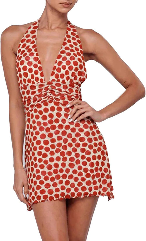 ABYOVRT Women Polka Dot Mini Dress Halter Deep V Neck Backless Dresses Going Out Beach Vacation