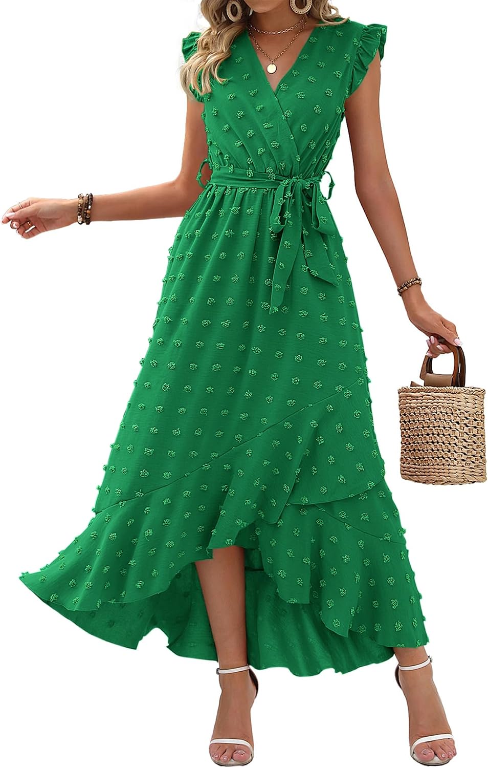 Swiss dot boho maxi dress with cap sleeves and tie waist