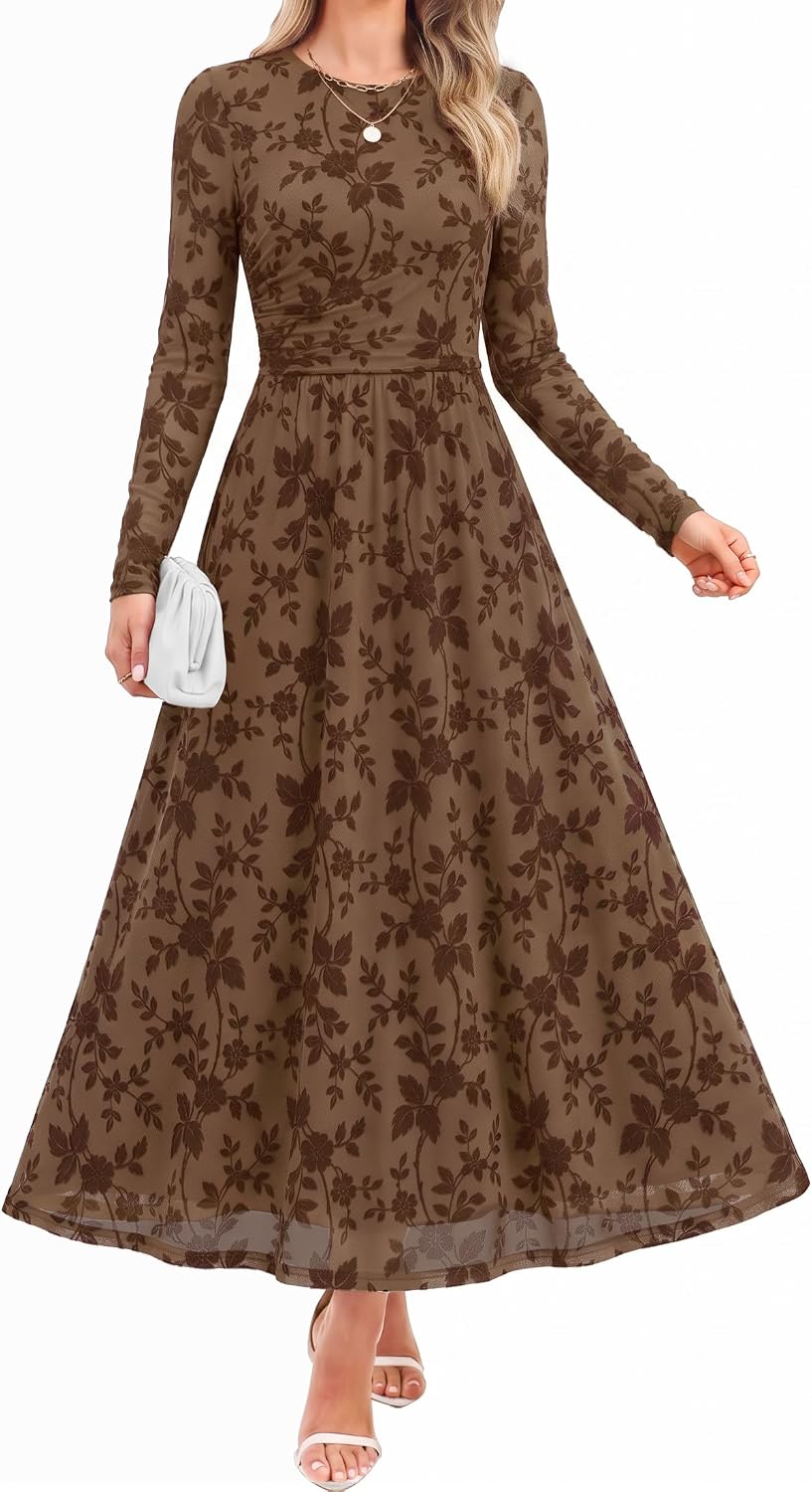 Floral print maxi dress with sheer mesh long sleeves and ruched detailing