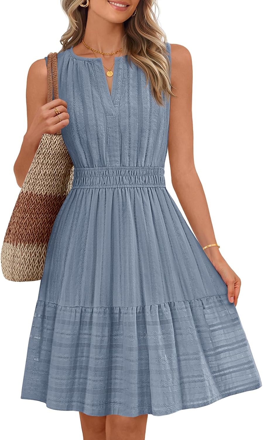 Sleeveless V-neck mini sundress with ruffle hem and elastic waist