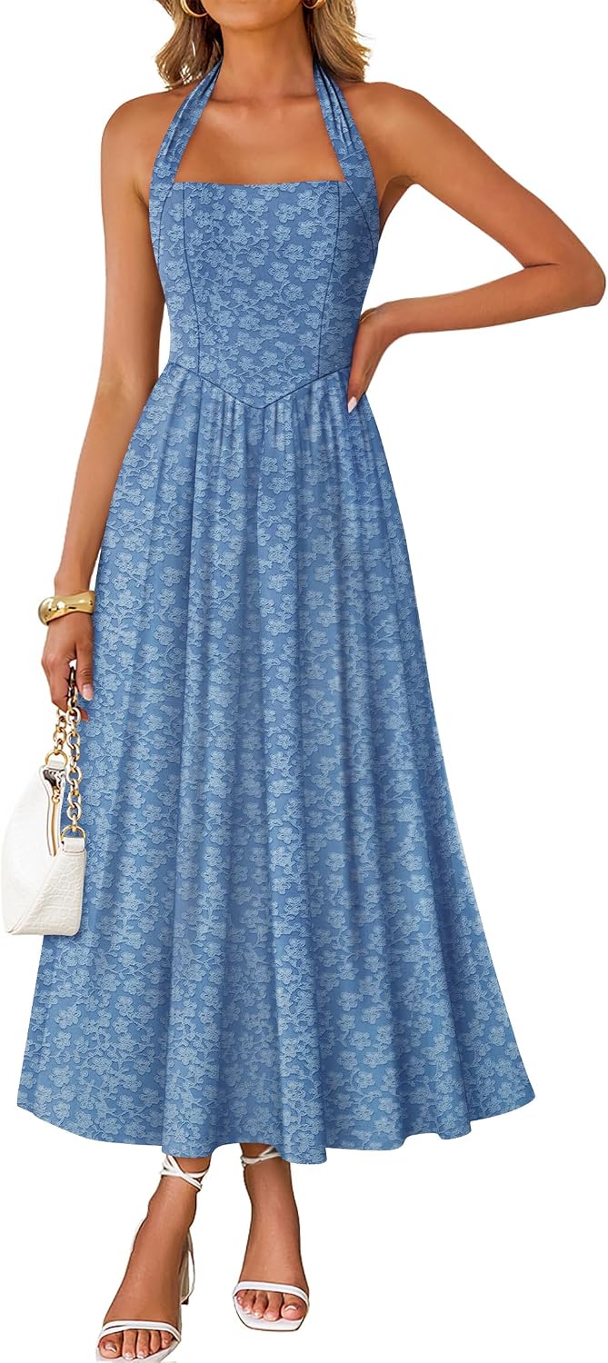 Floral halter maxi dress with flowy A-line skirt