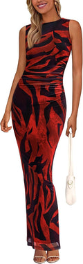 Floral mesh maxi dress with sleeveless design and ruched bodycon detailing