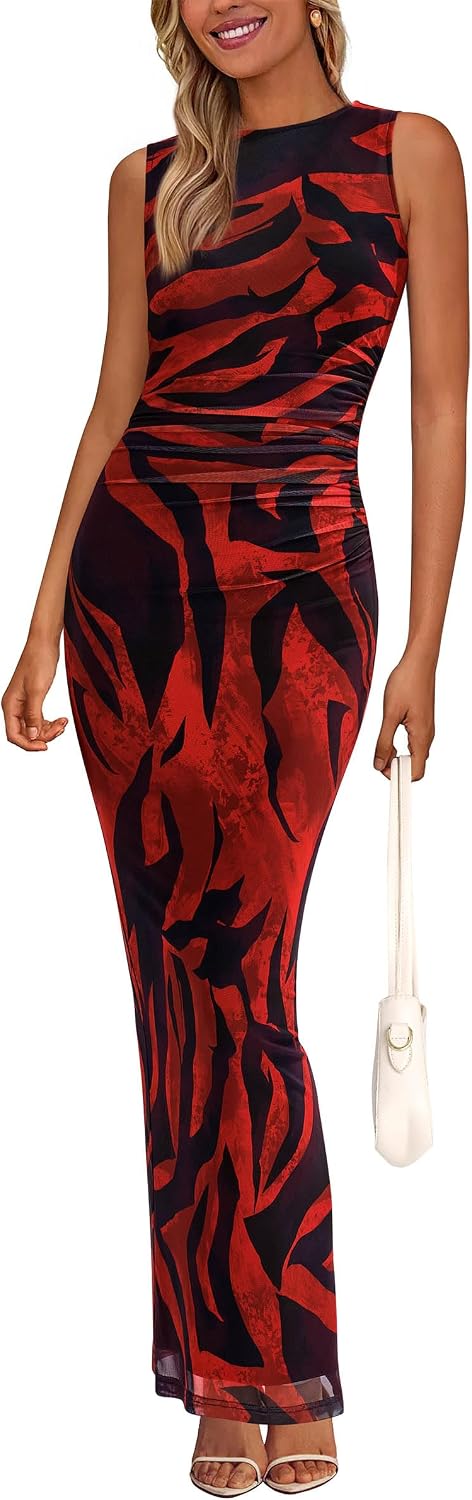 Floral mesh maxi dress with sleeveless design and ruched bodycon detailing