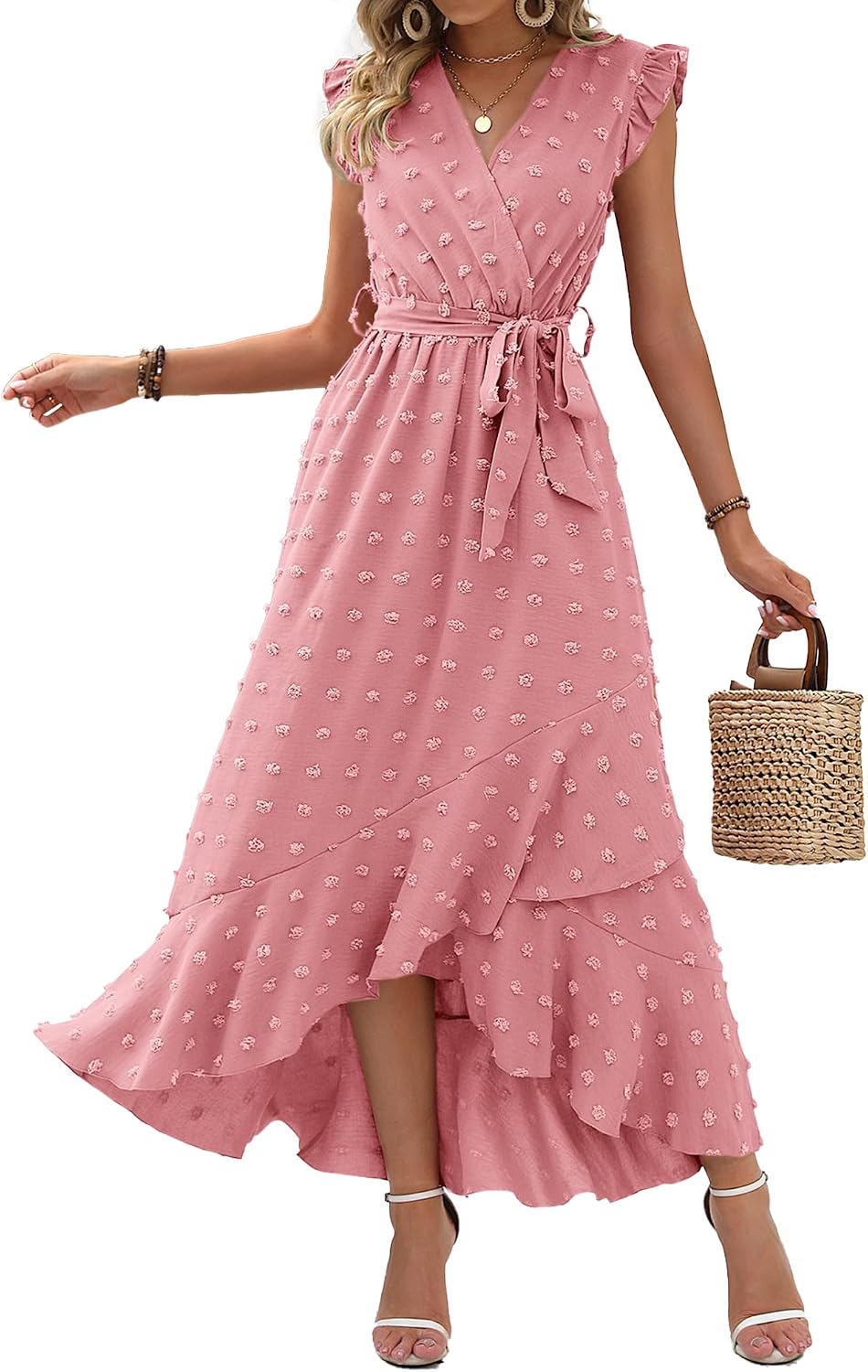 Swiss dot boho maxi dress with cap sleeves and tie waist