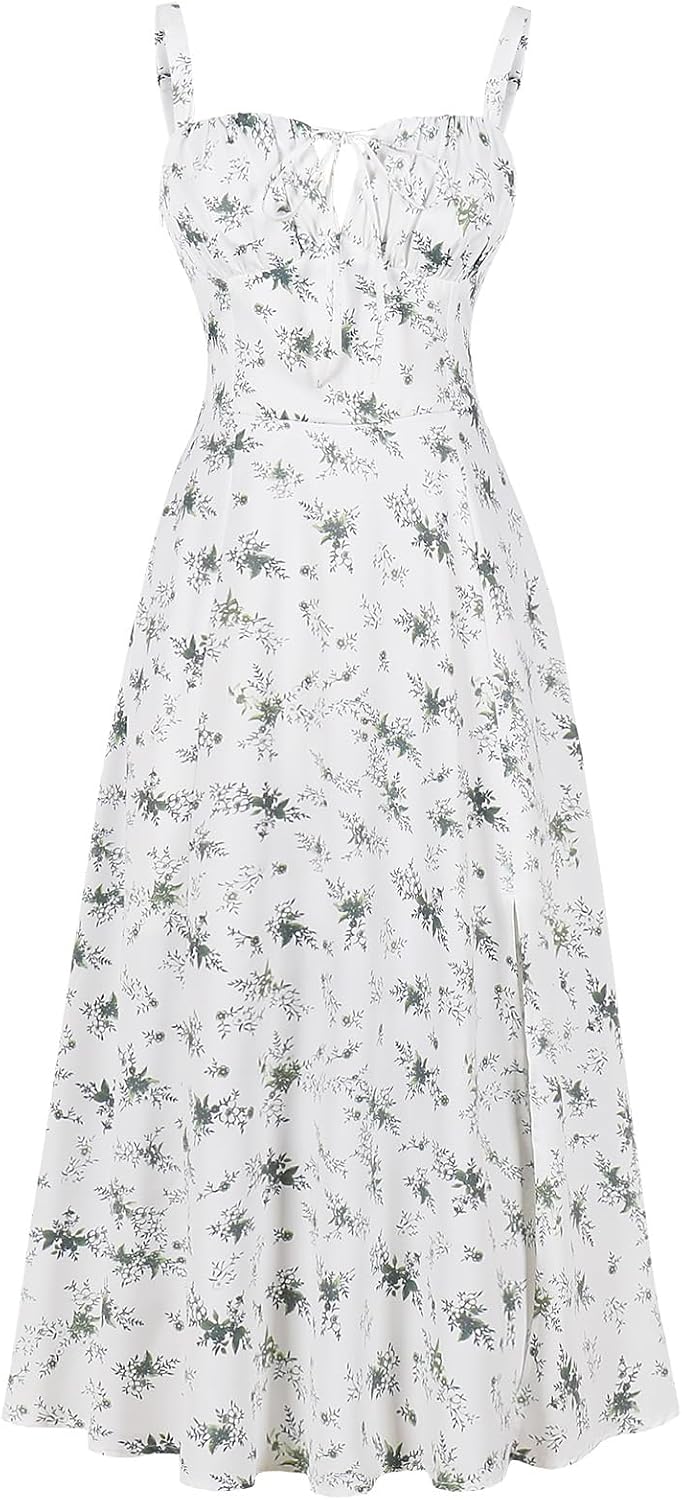 ABEHIK Women Floral Corset Dress Summer Dress 2026 Boho Flowy Slit Lace Up Midi Dresses Going Out A Line Casual Sundress